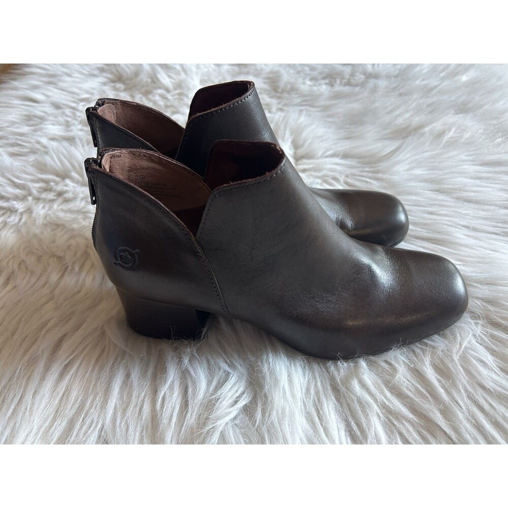 Born Aneto Leather Ankle Booties Boots Notched Block Heel Comfort Chestnut 6.5